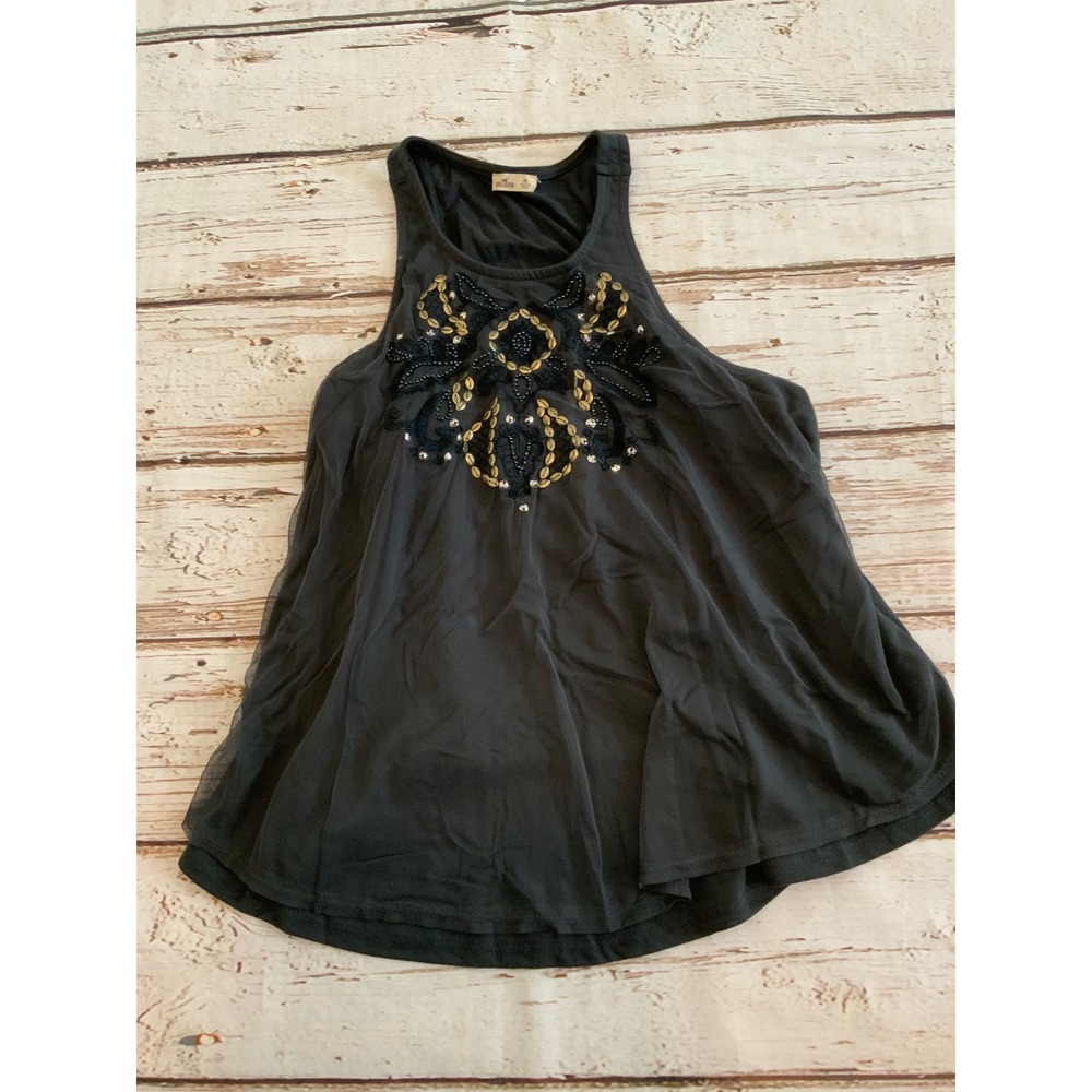 Hollister Womens XS Gray Mesh Embellished Boho Tank Top Sequin Studded Racerback